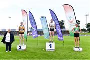 23 August 2020; Athletics Ireland President Georgina Drumm, left, alongside Women's 400m hurdles medallist, from left, Karen Dunne of Bohermeen AC, Meath, silver, Nessa Millet of St. Abbans AC, Laois, gold, and Niamh Malone  f Monaghan Phoenix AC, bronze, during Day Two of the Irish Life Health National Senior and U23 Athletics Championships at Morton Stadium in Santry, Dublin. Photo by Sam Barnes/Sportsfile