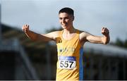 23 August 2020; Darragh McElhinney of U.C.D. AC, Dublin, celebrates after winning the Men's 5000m during Day Two of the Irish Life Health National Senior and U23 Athletics Championships at Morton Stadium in Santry, Dublin. Photo by Sam Barnes/Sportsfile