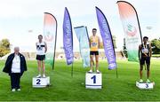 23 August 2020; Athletics Ireland President Georgina Drumm, left, alongside Men's 5000m medallists, from left, John Travers of Donore Harriers AC, Dublin, silver, Darragh McElhinney of U.C.D. AC, Dublin, gold, and Eferm Gidey of Clonliffe Harriers AC, Dublin, bronze, during Day Two of the Irish Life Health National Senior and U23 Athletics Championships at Morton Stadium in Santry, Dublin. Photo by Sam Barnes/Sportsfile