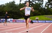 29 August 2020; Callum Wilkinson of Togher AC, Cork, celebrates as he crosses the line to win the Men's 10000m Walk event during day three of the Irish Life Health National Senior and U23 Athletics Championships at Morton Stadium in Santry, Dublin. Photo by Sam Barnes/Sportsfile