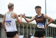 29 August 2020; Callum Wilkinson of Togher AC, Cork, left, and David Kenny of Farranfore Maine Valley AC, Kerry, bump fists after competing in the Men's 10000m Walk  event during day three of the Irish Life Health National Senior and U23 Athletics Championships at Morton Stadium in Santry, Dublin. Photo by Sam Barnes/Sportsfile