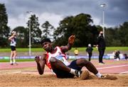 29 August 2020; Michael Alajiki of Dundealgan AC, Louth, on his way to finishing second in the Men's Triple Jump event during day three of the Irish Life Health National Senior and U23 Athletics Championships at Morton Stadium in Santry, Dublin. Photo by Sam Barnes/Sportsfile
