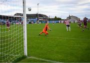 29 August 2020; Stephen Mallon of Derry City scores his side's second goal past Drogheda United goalkeeper Ross Treacy during the Extra.ie FAI Cup Second Round match between Drogheda United and Derry City at United Park in Drogheda, Louth. Photo by Stephen McCarthy/Sportsfile