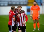 29 August 2020; Stephen Mallon, right, celebrates with Derry City team-mates Ibrahim Meite and Ciaron Harkin, left, after scoring their second goal during the Extra.ie FAI Cup Second Round match between Drogheda United and Derry City at United Park in Drogheda, Louth. Photo by Stephen McCarthy/Sportsfile