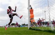 29 August 2020; Ibrahim Meite of Derry City in action against Ross Treacy of Drogheda United during the Extra.ie FAI Cup Second Round match between Drogheda United and Derry City at United Park in Drogheda, Louth. Photo by Stephen McCarthy/Sportsfile