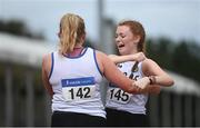 29 August 2020; Ruth Monaghan of Sligo AC, right, celebrates with Kate Veale of West Waterford AC, after finishing second in the Women's 5000m Walk event during day three of the Irish Life Health National Senior and U23 Athletics Championships at Morton Stadium in Santry, Dublin. Photo by Sam Barnes/Sportsfile
