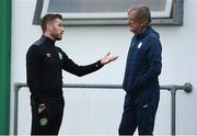 29 August 2020; Bray Wanderers manager Gary Cronin, left, and Finn Harps manager Ollie Horgan speak prior to the Extra.ie FAI Cup Second Round match between Bray Wanderers and Finn Harps at Carlisle Grounds in Bray, Wicklow. Photo by Harry Murphy/Sportsfile