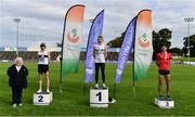 29 August 2020; Athletics Ireland President Georgina Drumm, left, alongside Men's 10000m medallists, from left, Eric Keogh of Donore Harriers, Dublin, silver, Sean Tobin of Clonmel AC, Tipperary, gold, and Hugh Armstong of Ballina AC, Mayo, bronze, during day three of the Irish Life Health National Senior and U23 Athletics Championships at Morton Stadium in Santry, Dublin. Photo by Sam Barnes/Sportsfile