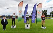 29 August 2020; Athletics Ireland President Georgina Drumm, left, alongside Women's Discus medallists, from left, Ciara Sheehy of Emerald AC, Limerick, silver, Niamh Fogarty of Raheny Shamrock AC, Dublin, gold, and Casey Mulvey of Inny Vale AC, Cavan, bronze during day three of the Irish Life Health National Senior and U23 Athletics Championships at Morton Stadium in Santry, Dublin. Photo by Sam Barnes/Sportsfile