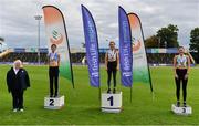 29 August 2020; Athletics Ireland President Georgina Drumm, left, alongside Women's Triple Jump Medallists, from left, Grace Furlong of Waterford AC, silver, Saragh Buggy of St. Abbans AC, Laois, gold, Kim O'Hare of Raheny Shamrock AC, Dublin, bronze, during day three of the Irish Life Health National Senior and U23 Athletics Championships at Morton Stadium in Santry, Dublin. Photo by Sam Barnes/Sportsfile