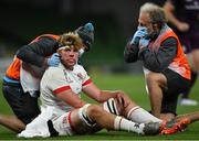 29 August 2020; Jordi Murphy of Ulster is treated for an injury during the Guinness PRO14 Round 15 match between Ulster and Leinster at the Aviva Stadium in Dublin. Photo by Ramsey Cardy/Sportsfile