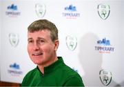 30 August 2020; Republic of Ireland manager Stephen Kenny during a press conference where Tipperary Pure Irish Water were announced as the Official Water Sponsor of the Football Association of Ireland. The Irish company will hydrate all of Ireland international teams from the Under-15 sides, up to the Senior Men’s and Women’s International Teams, as both sides look to qualify for their respective upcoming European Championships in 2021 and 2022. Photo by Stephen McCarthy/Sportsfile