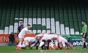 29 August 2020; Empty seats are seen as a scrum takes place during the Guinness PRO14 Round 15 match between Ulster and Leinster at the Aviva Stadium in Dublin. Photo by Brendan Moran/Sportsfile