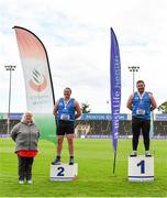 30 August 2020; Athletics Ireland President Georgina Drumm, left, alongside Men's Shot Put Medallists and brothers, James Kelly  of Finn Valley AC, Donegal, silver, left, and John Kelly of Finn Valley AC, Donegal, gold, bronze, during day four of the Irish Life Health National Senior and U23 Athletics Championships at Morton Stadium in Santry, Dublin. Photo by Sam Barnes/Sportsfile