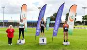 30 August 2020; Athletics Ireland President Georgina Drumm, left, alongside Women'sShot Put Medallists, from left, Ciara Sheehy of Emerald AC, Limerick, silver, Michaela Walsh of Swinford AC, Mayo, gold, and Casey Mulvey of Inny Vale AC, Cavan, bronze, during day four of the Irish Life Health National Senior and U23 Athletics Championships at Morton Stadium in Santry, Dublin. Photo by Sam Barnes/Sportsfile