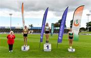 30 August 2020; Athletics Ireland President Georgina Drumm, left, alongside Women's Pole Vault Medallists, from left, Una Brice of Leevale AC, Cork, silver, Orla Coffey of Carraig-Na-Bhfear AC, Cork, gold, and Ciara Hickey of Blarney/Inniscara AC, Cork, bronze, during day four of the Irish Life Health National Senior and U23 Athletics Championships at Morton Stadium in Santry, Dublin. Photo by Sam Barnes/Sportsfile