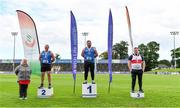 30 August 2020; Athletics Ireland President Georgina Drumm, left, alongside Men's Shot Put Medallists, from left, James Kelly of Finn Valley AC, Donegal, silver, John Kelly of Finn Valley AC, Donegal, gold, and Sean Breathnach of Galway City Harriers AC, bronze,  during day four of the Irish Life Health National Senior and U23 Athletics Championships at Morton Stadium in Santry, Dublin. Photo by Sam Barnes/Sportsfile