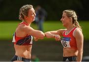 30 August 2020; Sarah Quinn of St. Colmans South Mayo AC, right, and Lilly-Ann O'Hora of Dooneen AC, Limerick, bump elbows after competing in the Women's 100m Hurdles during day four of the Irish Life Health National Senior and U23 Athletics Championships at Morton Stadium in Santry, Dublin. Photo by Sam Barnes/Sportsfile