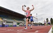 30 August 2020; Harry Purcell of Trim AC, Meath, celebrates as he crosses the line to win the Men's 800m event during day four of the Irish Life Health National Senior and U23 Athletics Championships at Morton Stadium in Santry, Dublin. Photo by Sam Barnes/Sportsfile