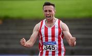 30 August 2020; Harry Purcell of Trim AC, Meath, celebrates after winning the Men's 800m event during day four of the Irish Life Health National Senior and U23 Athletics Championships at Morton Stadium in Santry, Dublin. Photo by Sam Barnes/Sportsfile