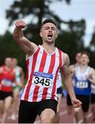 30 August 2020; Harry Purcell of Trim AC, Meath, celebrates as he crosses the line to win the Men's 800m event during day four of the Irish Life Health National Senior and U23 Athletics Championships at Morton Stadium in Santry, Dublin. Photo by Sam Barnes/Sportsfile