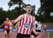 30 August 2020; Harry Purcell of Trim AC, Meath, celebrates as he crosses the line to win the Men's 800m event during day four of the Irish Life Health National Senior and U23 Athletics Championships at Morton Stadium in Santry, Dublin. Photo by Sam Barnes/Sportsfile