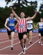 30 August 2020; Harry Purcell of Trim AC, Meath, celebrates as he crosses the line to win the Men's 800m event during day four of the Irish Life Health National Senior and U23 Athletics Championships at Morton Stadium in Santry, Dublin. Photo by Sam Barnes/Sportsfile