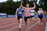 30 August 2020; Harry Purcell of Trim AC, Meath, celebrates as he crosses the line to win the Men's 800m event during day four of the Irish Life Health National Senior and U23 Athletics Championships at Morton Stadium in Santry, Dublin. Photo by Sam Barnes/Sportsfile