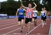 30 August 2020; Harry Purcell of Trim AC, Meath, celebrates as he crosses the line to win the Men's 800m event during day four of the Irish Life Health National Senior and U23 Athletics Championships at Morton Stadium in Santry, Dublin. Photo by Sam Barnes/Sportsfile