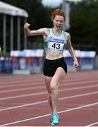 30 August 2020; Iseult O'Donnell of Raheny Shamrock AC, Dublin, celebrates winning the Women's 800m event during day four of the Irish Life Health National Senior and U23 Athletics Championships at Morton Stadium in Santry, Dublin. Photo by Sam Barnes/Sportsfile