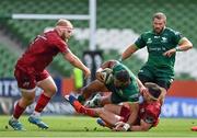 30 August 2020; Bundee Aki of Connacht is tackled by Niall Scannell of Munster during the Guinness PRO14 Round 15 match between Munster and Connacht at the Aviva Stadium in Dublin. Photo by Brendan Moran/Sportsfile