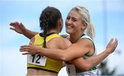30 August 2020; Sarah Lavin of Emerald AC, Limerick, right, and Phil Healy of Bandon AC, Cork, embrace after competing in the Women's 200m event during day four of the Irish Life Health National Senior and U23 Athletics Championships at Morton Stadium in Santry, Dublin. Photo by Sam Barnes/Sportsfile