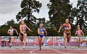 30 August 2020; Sarah Quinn of St. Colmans South Mayo AC, second from left, on her way to winning the Women's 100m Hurdles, ahead of Lilly-Ann O'Hora of Dooneen AC, Limerick, second from right, who finished second, and Molly Scott of St Laurence O'Toole AC, Carlow, centre, who finished third, during day four of the Irish Life Health National Senior and U23 Athletics Championships at Morton Stadium in Santry, Dublin. Photo by Sam Barnes/Sportsfile