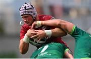30 August 2020; Fineen Wycherley of Munster loses his gumshield in the tackle by Conor Oliver, left, and Quinn Roux of Connacht during the Guinness PRO14 Round 15 match between Munster and Connacht at the Aviva Stadium in Dublin. Photo by Ramsey Cardy/Sportsfile