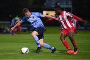 30 August 2020; Michael Gallagher of UCD in action against Junior Ogedi-Uzokwe of Sligo Rovers during the Extra.ie FAI Cup Second Round match between UCD and Sligo Rovers at UCD Bowl in Belfield, Dublin. Photo by Stephen McCarthy/Sportsfile