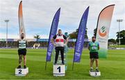 30 August 2020; Men's Weight for Distance medallists, from left, Michael Healy of Youghal AC, Cork, silver, Sean Breathnach of Galway City Harriers AC, gold, and John Dwyer of Templemore AC, Tipperary, bronze, during day four of the Irish Life Health National Senior and U23 Athletics Championships at Morton Stadium in Santry, Dublin. Photo by Sam Barnes/Sportsfile