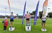 30 August 2020; Athletics Ireland President Georgina Drumm, left, alongside Men's 800m medallists, from left, Cian Mcphillips of Longford AC, silver, Harry Purcell of Trim AC, Meath, gold, and Louis O'Loughlin of Donore Harriers, Dublin, bronze, during day four of the Irish Life Health National Senior and U23 Athletics Championships at Morton Stadium in Santry, Dublin. Photo by Sam Barnes/Sportsfile