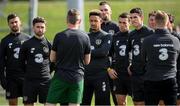 31 August 2020; Republic of Ireland players, from left, Shane Long, Sean Maguire, Callum Robinson, Shane Duffy, Seamus Coleman, Darragh Lenihan and James McCarthy listen to manager Stephen Kenny during a Republic of Ireland training session at the FAI National Training Centre in Abbotstown, Dublin. Photo by Stephen McCarthy/Sportsfile