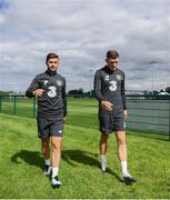 31 August 2020; Shane Long, left, and Dara O'Shea following a Republic of Ireland training session at the FAI National Training Centre in Abbotstown, Dublin. Photo by Stephen McCarthy/Sportsfile