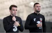 31 August 2020; Seamus Coleman and Shane Duffy leave the Sport Ireland National Indoor Arena ahead of a training session at the FAI National Training Centre in Dublin. Photo by Stephen McCarthy/Sportsfile