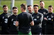 31 August 2020; Republic of Ireland players, from left, Shane Long, Sean Maguire, Callum Robinson, Shane Duffy and Seamus Coleman listen to manager Stephen Kenny during a Republic of Ireland training session at the FAI National Training Centre in Abbotstown, Dublin. Photo by Stephen McCarthy/Sportsfile