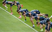 31 August 2020; The Leinster backs warm-up during Leinster Rugby squad training at the RDS Arena in Dublin. Photo by Ramsey Cardy/Sportsfile