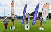 30 August 2020; Athletics Ireland President Georgina Drumm, left, alongside Women's Steeplechase medallists, from left, Aoibhinn McGoldrick of Raheny Shamrock AC, Dublin, silver, Michelle Finn of Leevale AC, Cork, gold, and Emily Grennan of Tullamore Harriers AC, Offaly, during day four of the Irish Life Health National Senior and U23 Athletics Championships at Morton Stadium in Santry, Dublin. Photo by Sam Barnes/Sportsfile