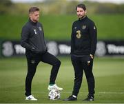 31 August 2020; Republic of Ireland coach Damien Duff and Ruaidhri Higgins, Republic of Ireland chief scout and opposition analyst, right, during a Republic of Ireland training session at the FAI National Training Centre in Abbotstown, Dublin. Photo by Stephen McCarthy/Sportsfile