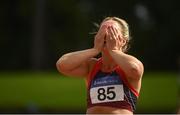 30 August 2020; Lilly-Ann O'Hora of Dooneen AC, Limerick, reacts after finishing second in the Women's 100m Hurdles event during day four of the Irish Life Health National Senior and U23 Athletics Championships at Morton Stadium in Santry, Dublin. Photo by Sam Barnes/Sportsfile