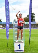 30 August 2020; Men's 3000m Steeplechase gold medallist Rory Chesser of Ennis Track AC, Clare, pretends to acknowledge the crowd during day four of the Irish Life Health National Senior and U23 Athletics Championships at Morton Stadium in Santry, Dublin. Photo by Sam Barnes/Sportsfile