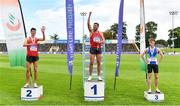 30 August 2020; Men's 3000m Steeplechase medallists, from left, Mark Hanrahan of Ennis Track AC, Clare, silver, Rory Chesser of Ennis Track AC, Clare, gold, and Joseph Haynes of Armagh AC, bronze, pretend to acknowledge the crowd during day four of the Irish Life Health National Senior and U23 Athletics Championships at Morton Stadium in Santry, Dublin. Photo by Sam Barnes/Sportsfile