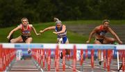 30 August 2020; Athletes, from left, Sarah Quinn  of St. Colmans South Mayo AC, Molly Scott of St Laurence O'Toole AC, Carlow, and  Lilly-Ann O'Hora of Dooneen AC, Limerick, competing in the Women's 100m Hurdles event during day four of the Irish Life Health National Senior and U23 Athletics Championships at Morton Stadium in Santry, Dublin. Photo by Sam Barnes/Sportsfile