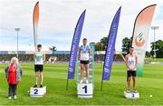 30 August 2020; Athletics Ireland President Georgina Drumm, left, alongside Men's 200m medallists, from left, Mark Smyth of Raheny Shamrock AC, Dublin, silver, Marcus Lawler of St. Laurence O'Toole AC, Carlow, gold, and Christopher O'Donnell of North Sligo AC, bronze, during day four of the Irish Life Health National Senior and U23 Athletics Championships at Morton Stadium in Santry, Dublin. Photo by Sam Barnes/Sportsfile