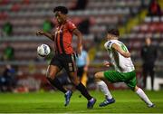 31 August 2020; Promise Omochere of Bohemians in action against Zak O’Neill of Cabinteely during the Extra.ie FAI Cup Second Round match between Bohemians and Cabinteely at Dalymount Park in Dublin. Photo by Piaras Ó Mídheach/Sportsfile
